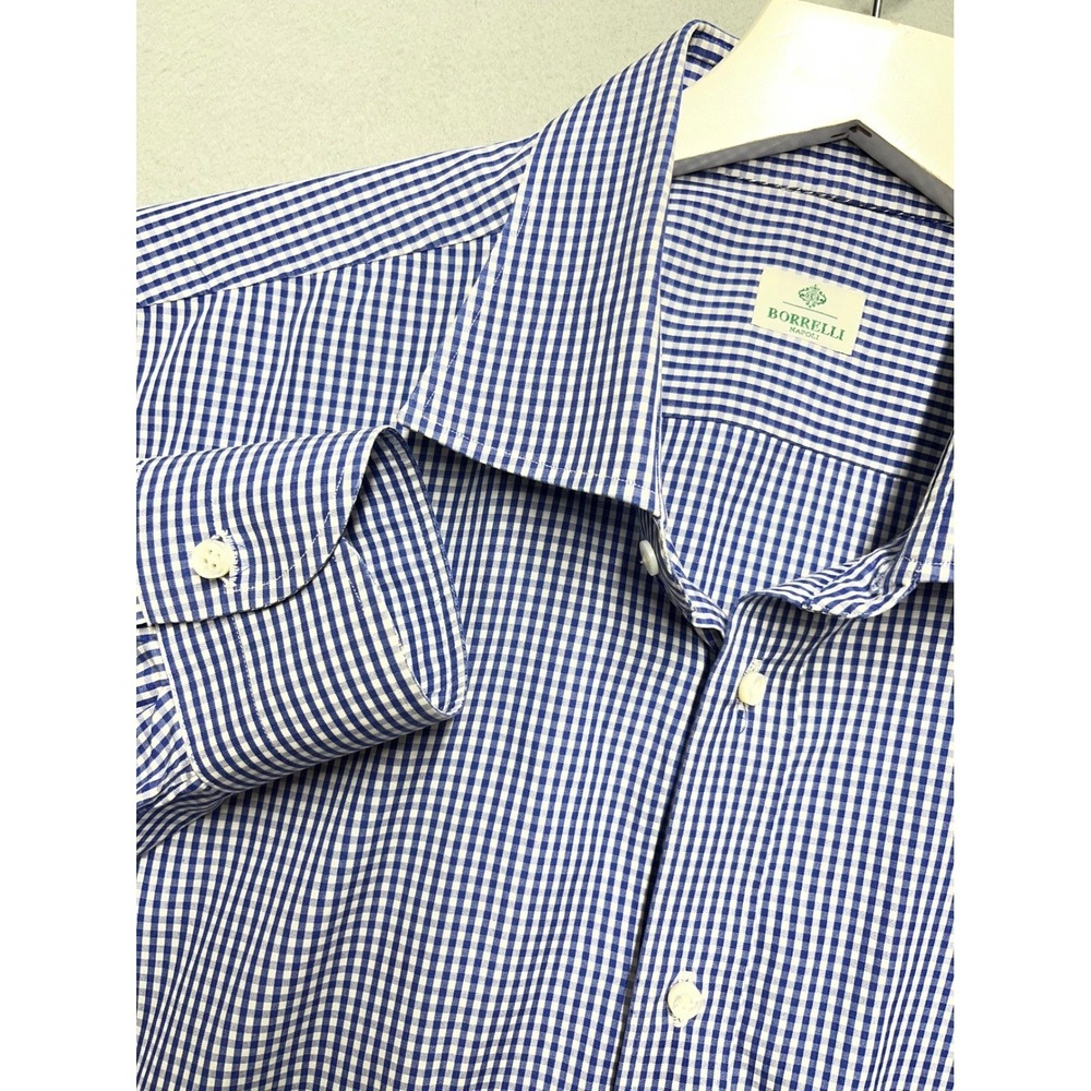 Borrelli Napoli Men Blue White Gingham Check Button Down Shirt Made in Italy New